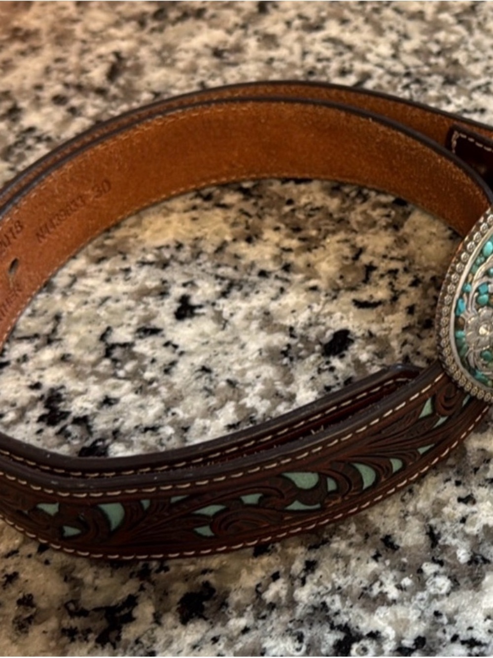 Brown Leather Women's Belt with Turquoise Inlay and Decorative Buckle